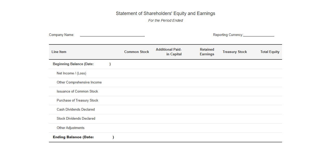 Shareholder Equity and Earnings Statement Template