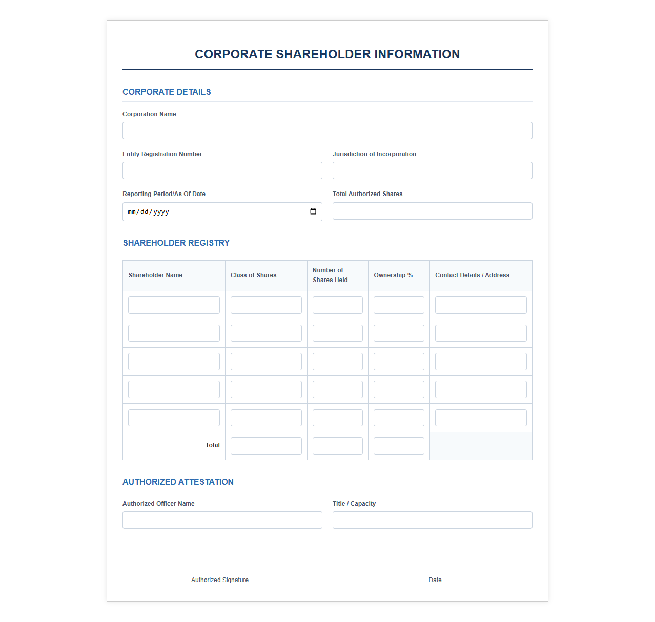 Shareholder Information Reporting Template for Corporations