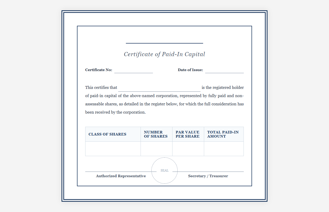 Shareholder Paid-In Capital Certificate Template