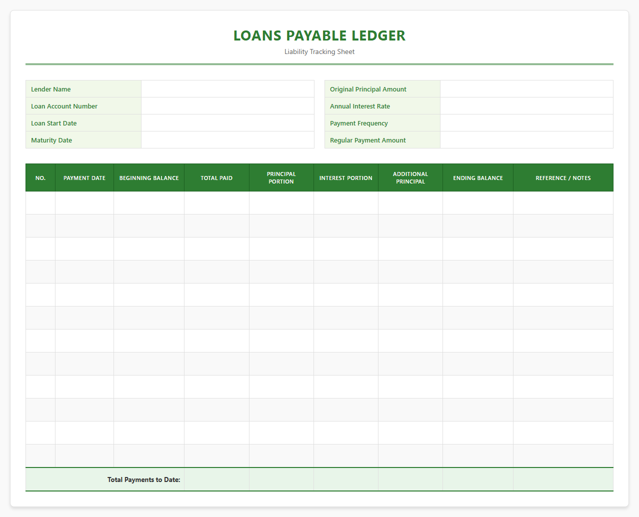 Simple Loans Payable Excel Ledger Sheet
