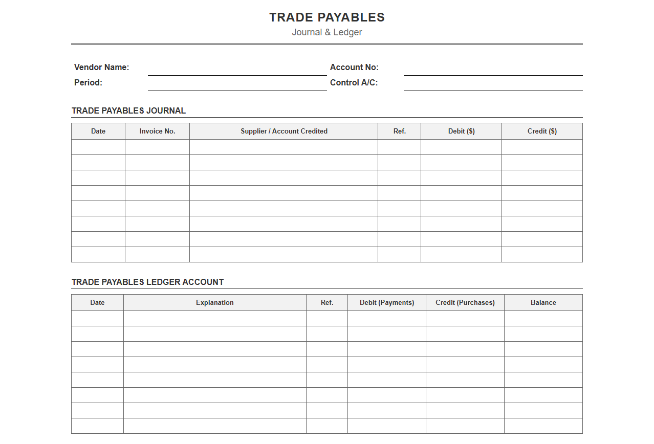 Simple Trade Payables Journal and Ledger