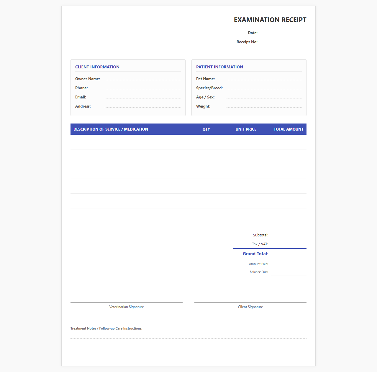 Small Animal Clinic Examination Receipt Template