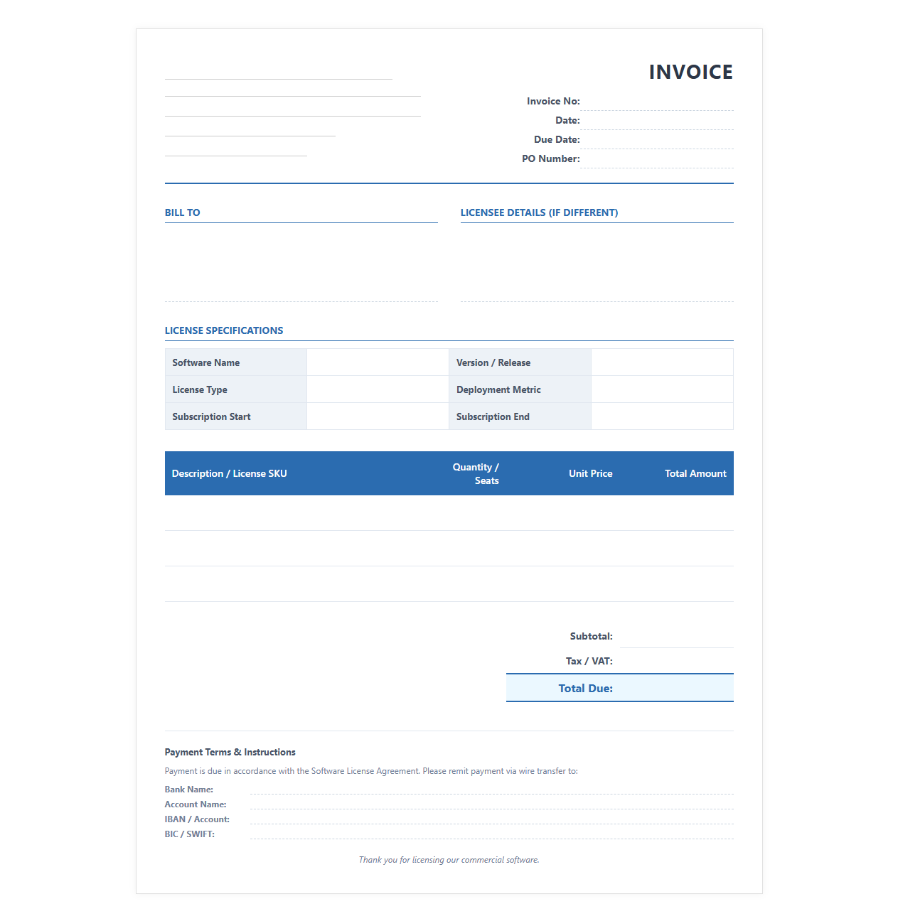 Software License Fee Invoice Template