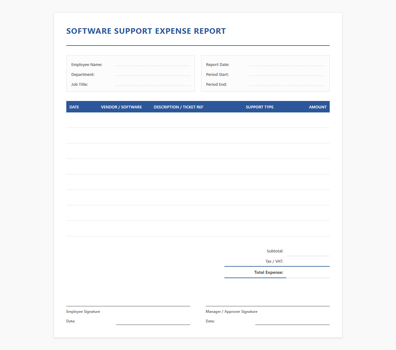 Software Support Expense Report Template