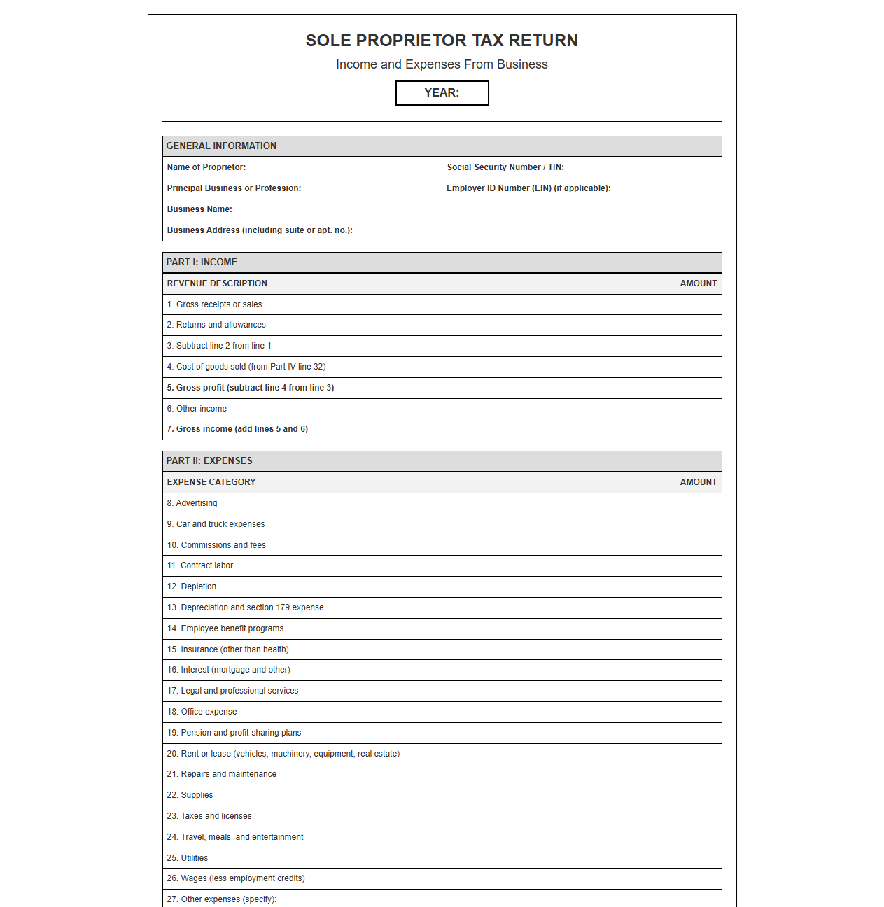 Sole Proprietor Tax Return Template