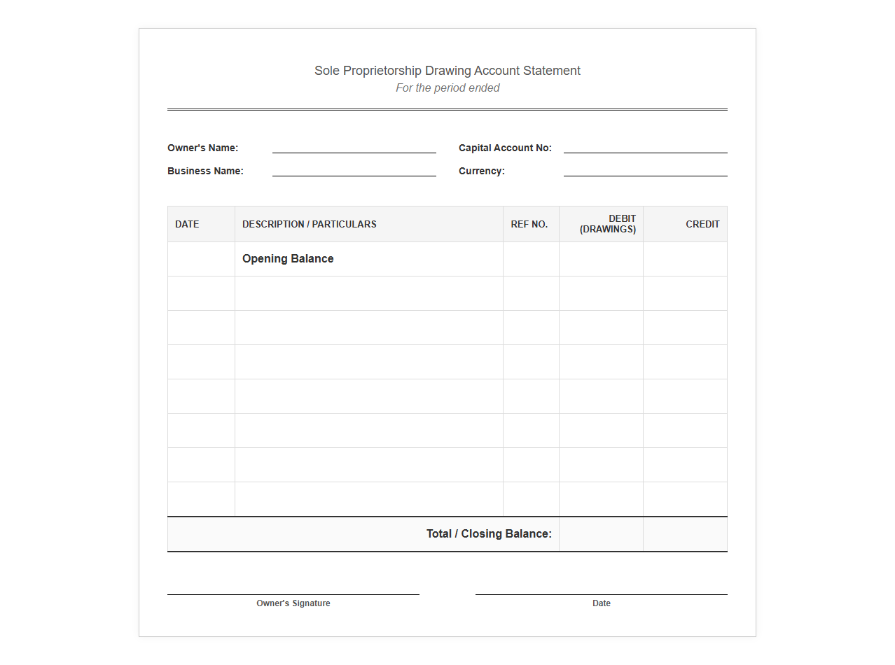 Sole Proprietorship Drawing Account Statement