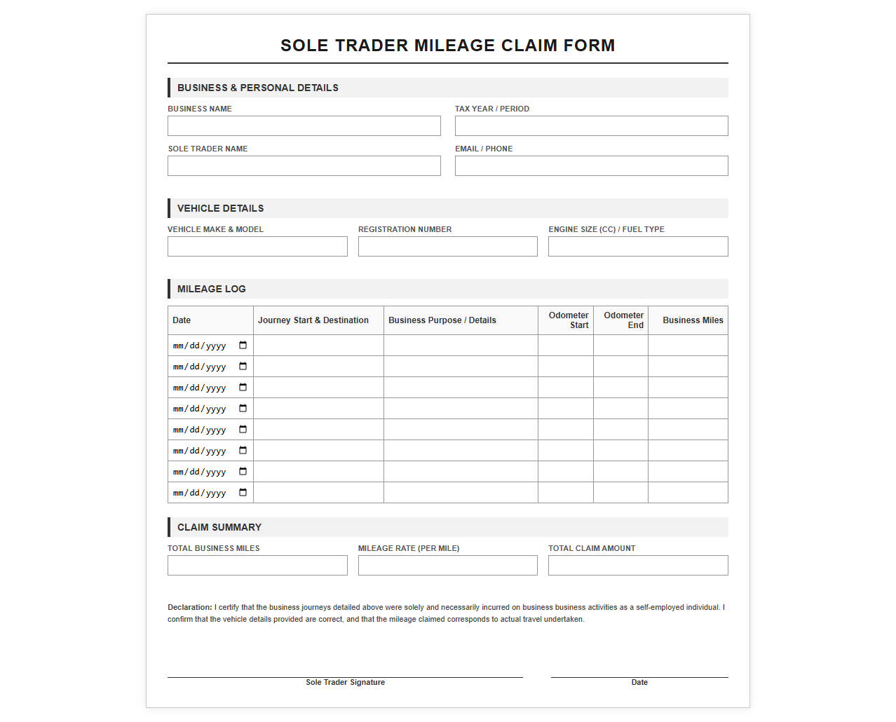 Sole Trader Business Mileage Claim Form