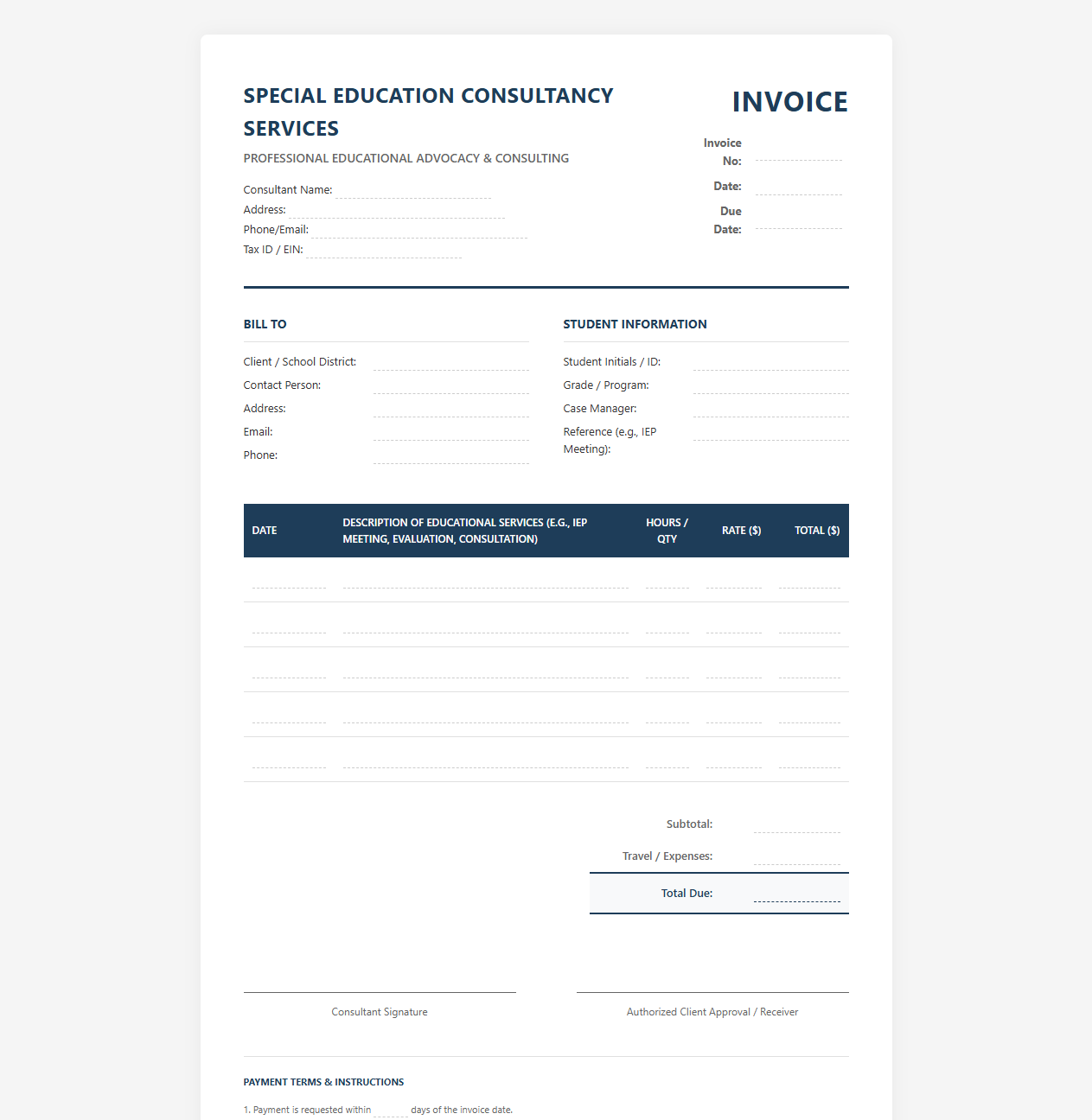 Special Education Consultancy Services Invoice