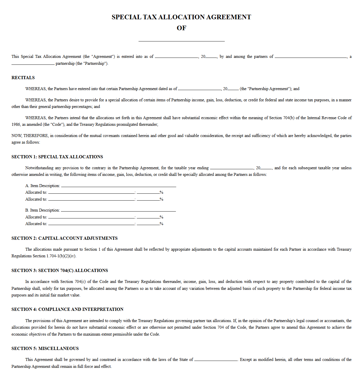 Special Tax Allocation Agreement for Partnership Partners