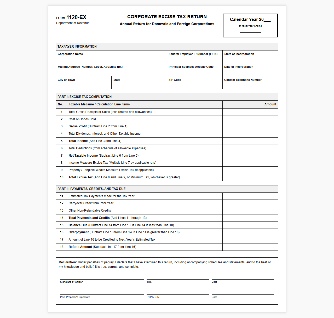 Standard Corporate Excise Tax Return Sheet