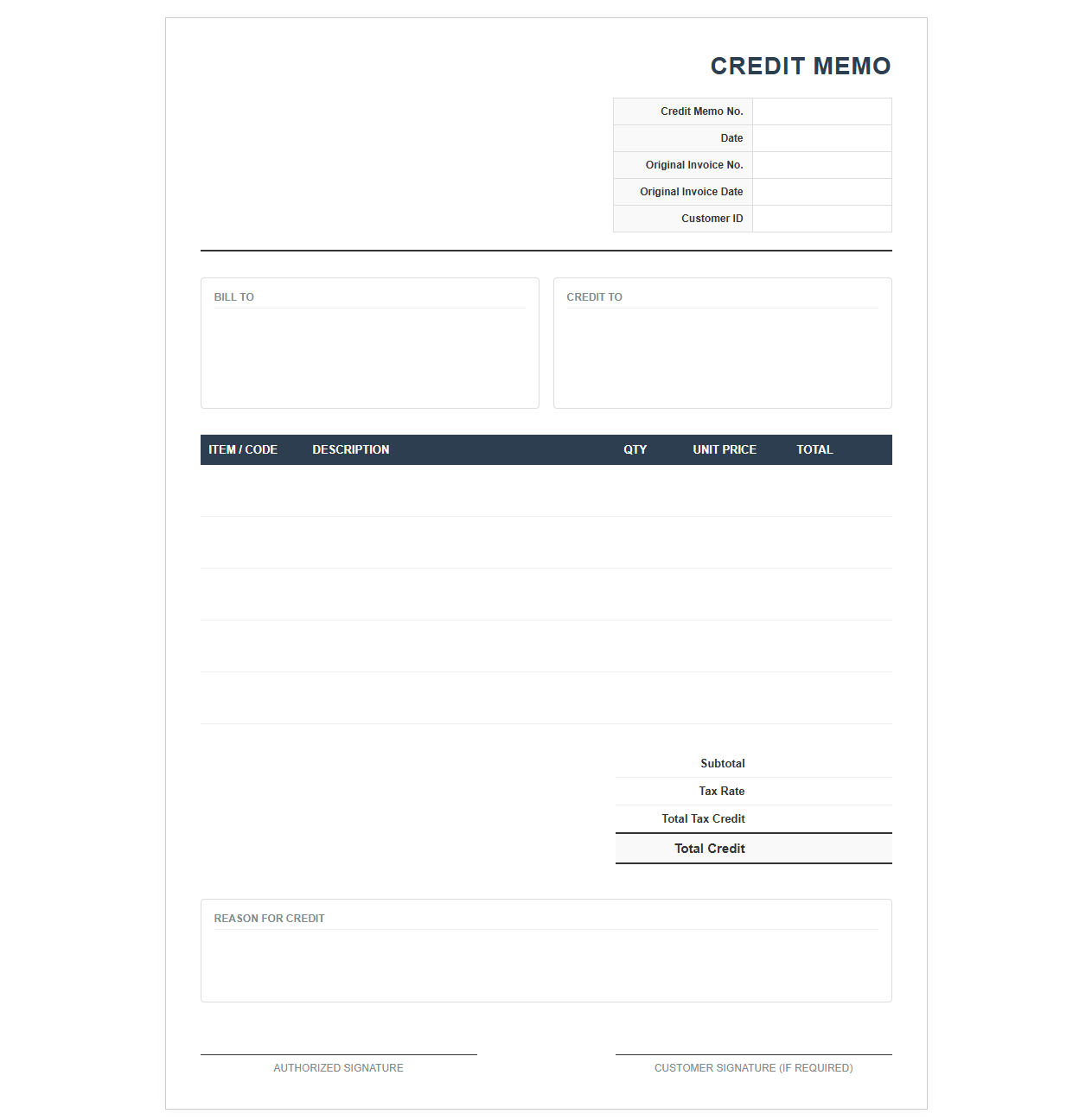 Standard Credit Memorandum Billing Document