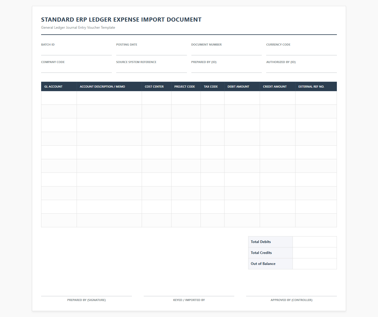 Standard ERP Ledger Expense Import Document