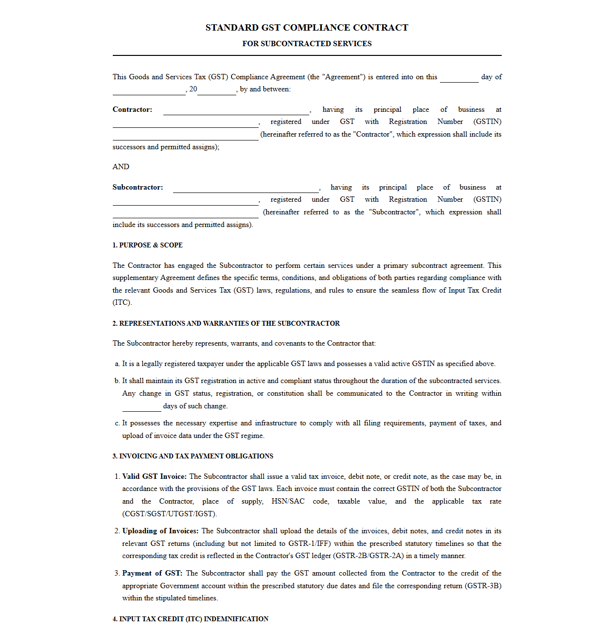 Standard GST Compliance Contract for Subcontracted Services