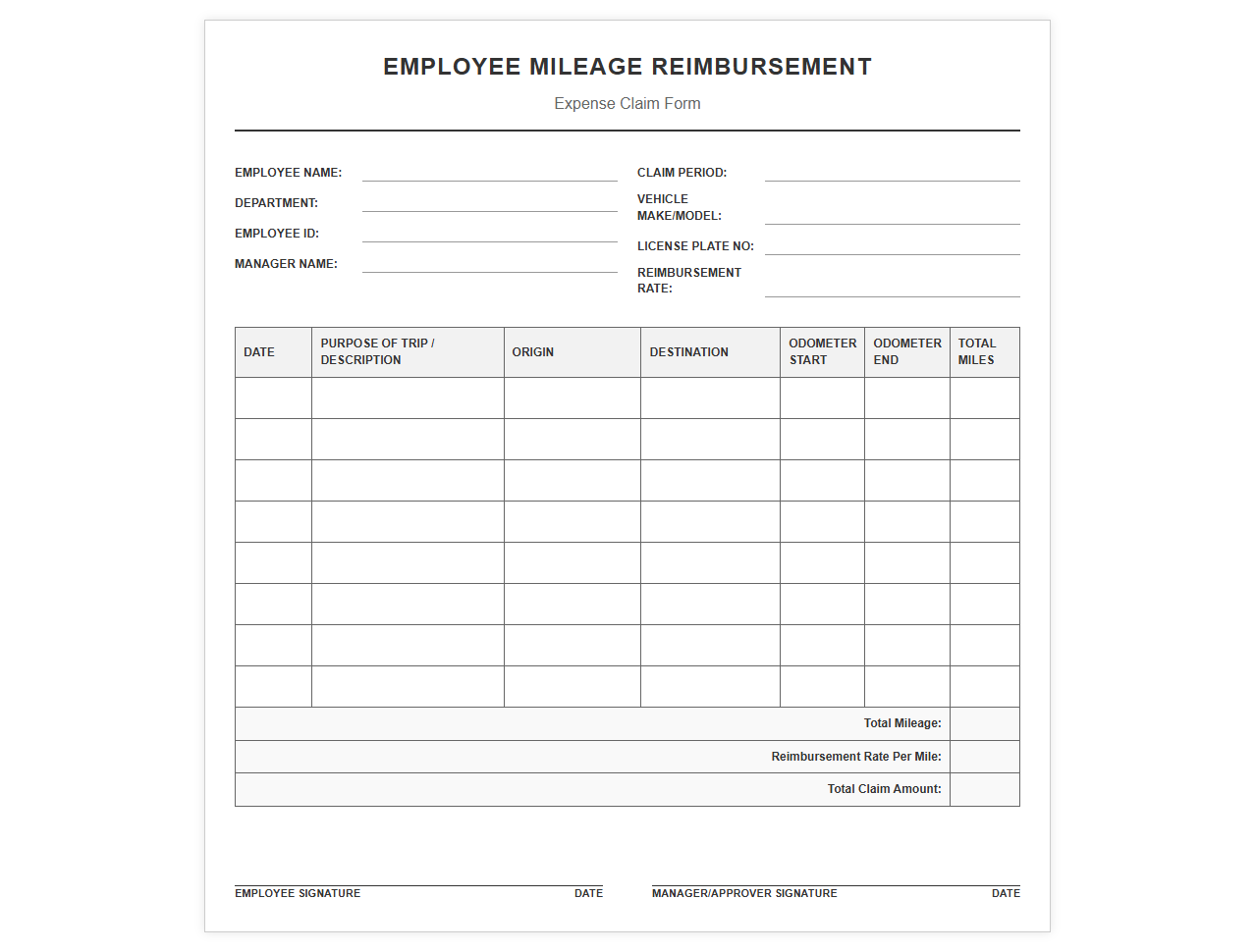 Standard Mileage Expense Reimbursement Template