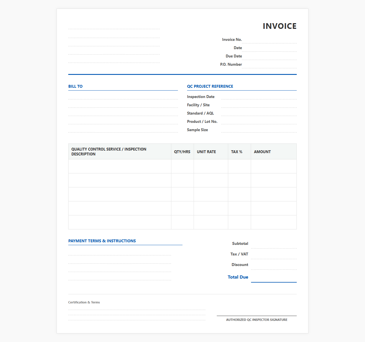 Standard Quality Control Services Invoice