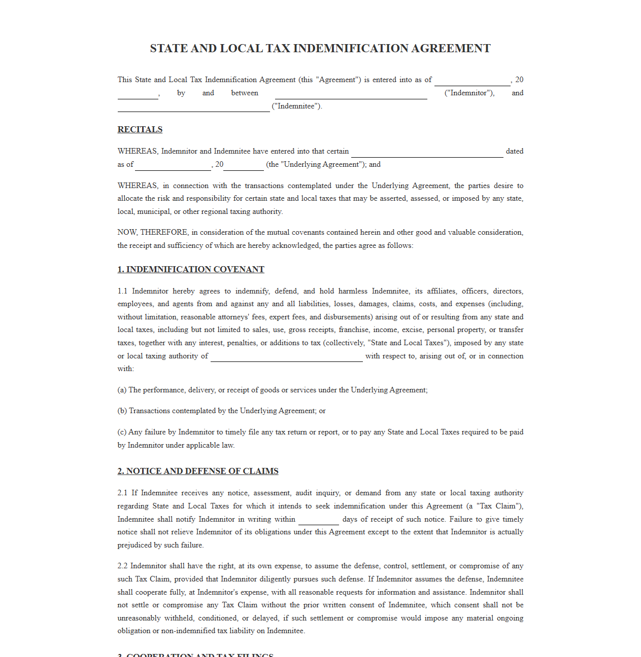 Standard State and Local Tax Indemnity Clause Template
