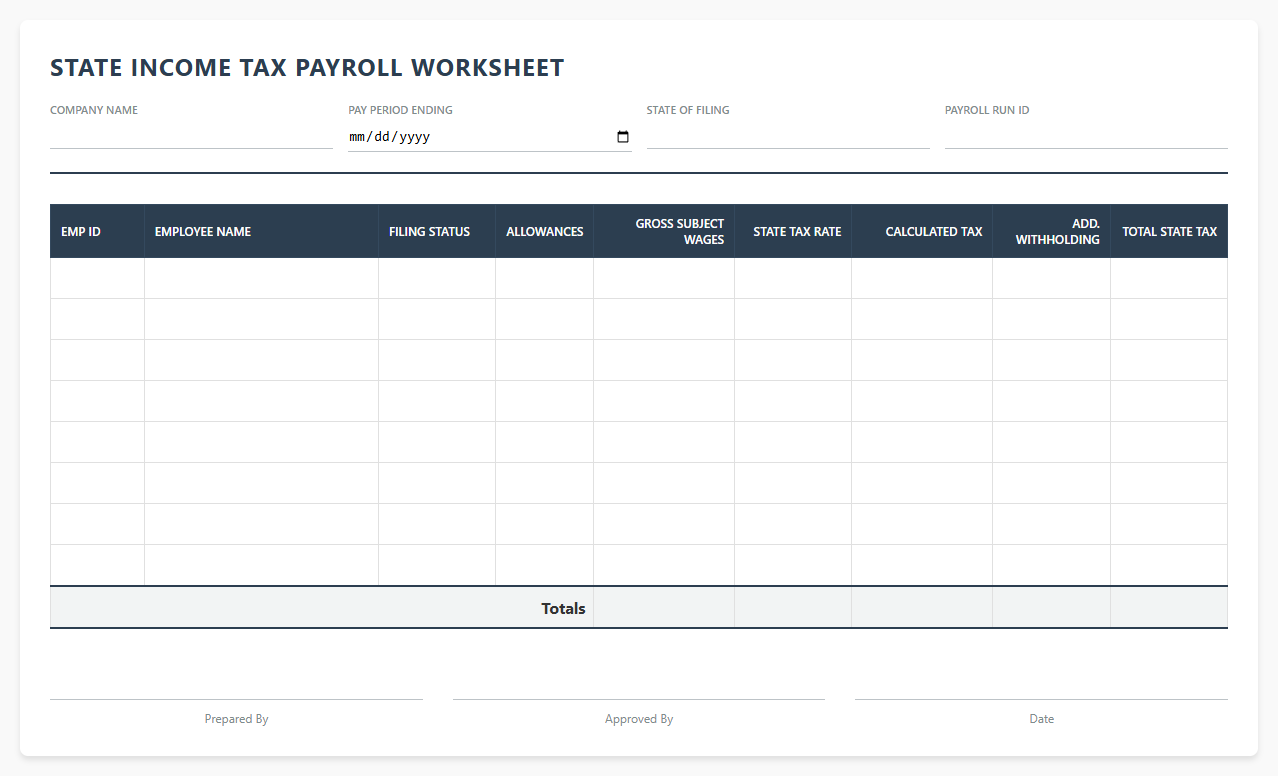 State Income Tax Payroll Worksheet