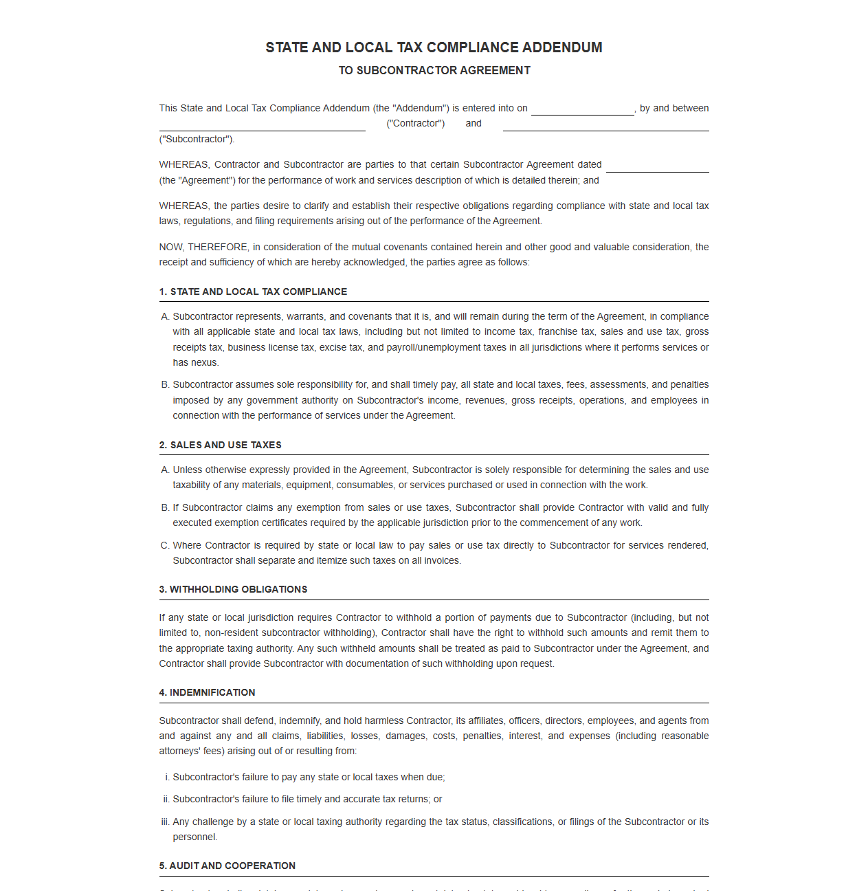 State and Local Tax Compliance Addendum for Subcontractors
