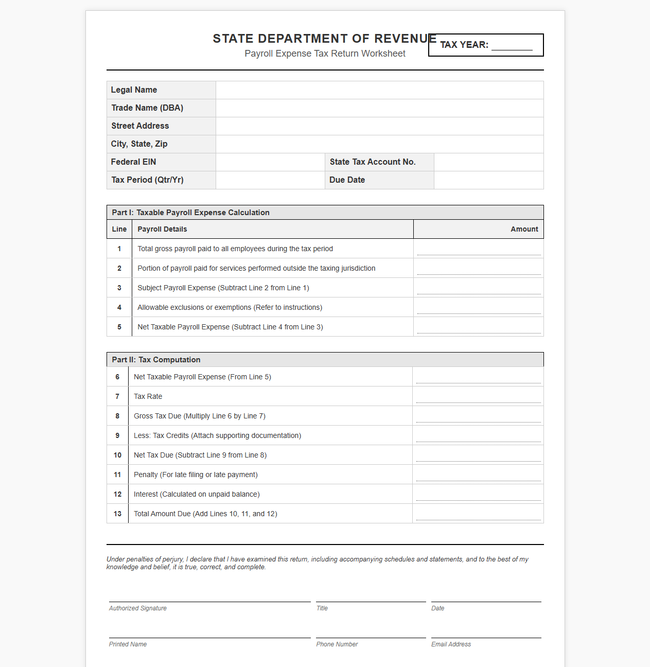 State Payroll Expense Tax Return Worksheet