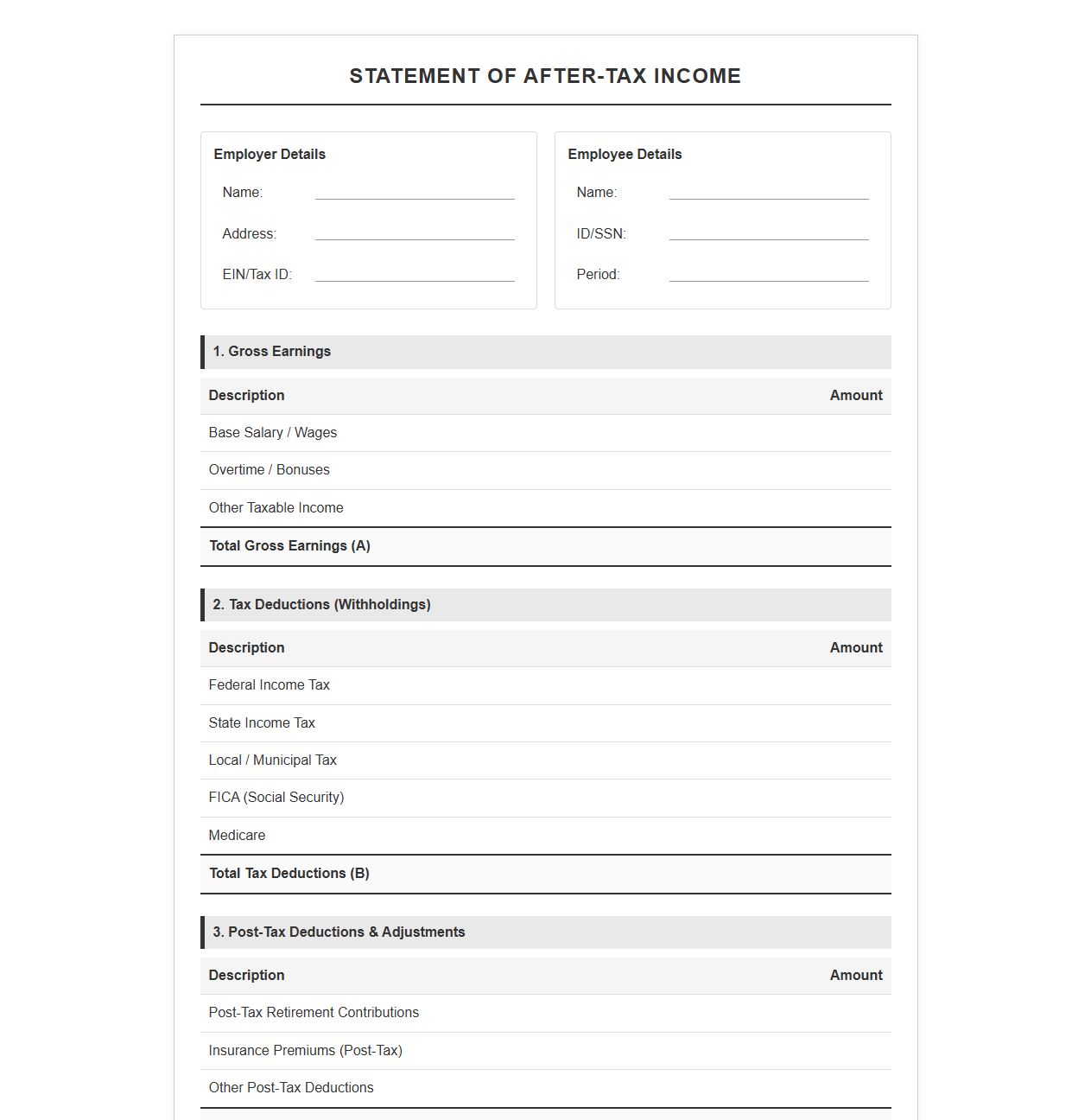Statement of After-Tax Income Template
