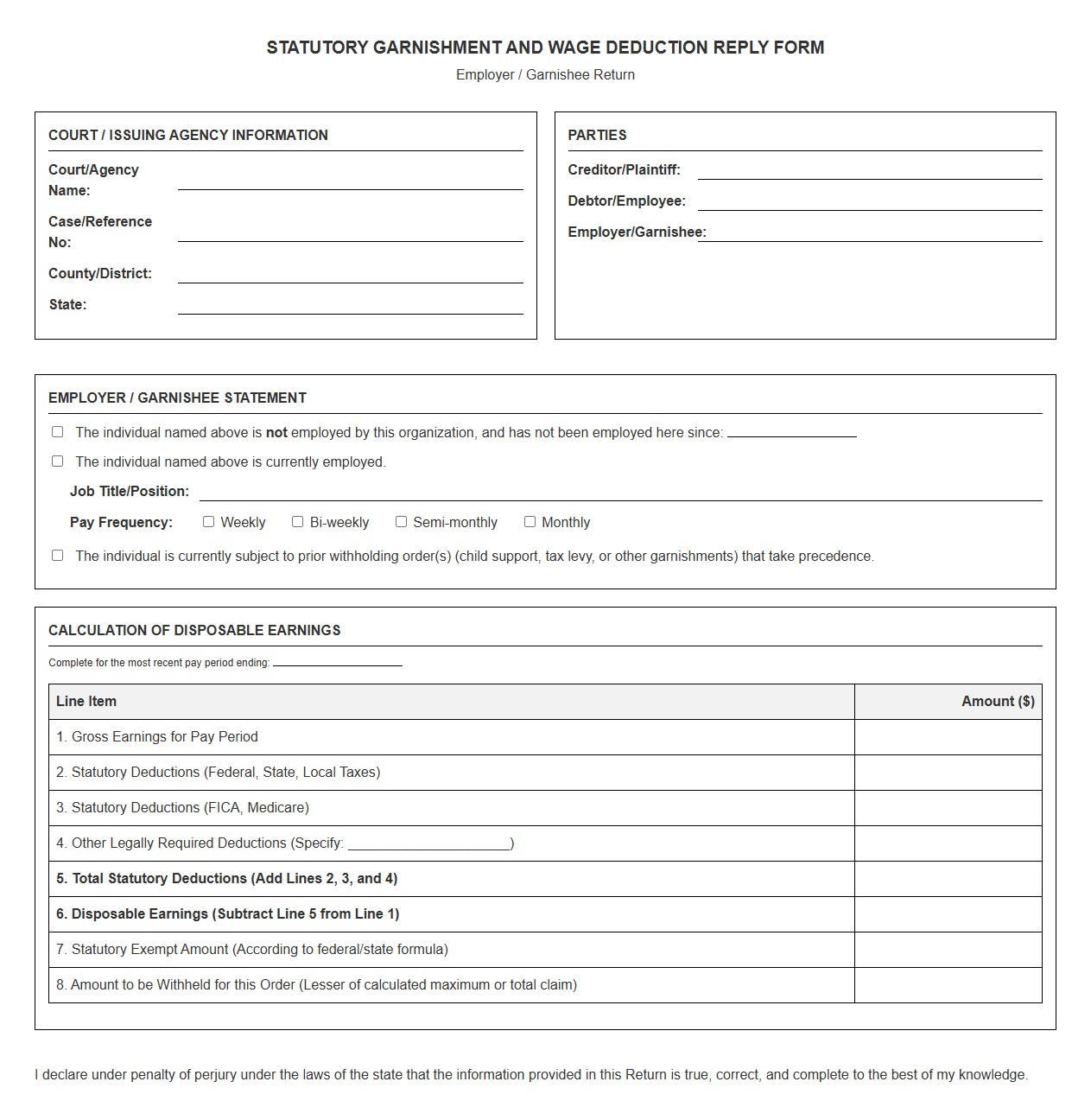 Statutory Garnishment and Wage Deduction Reply Form