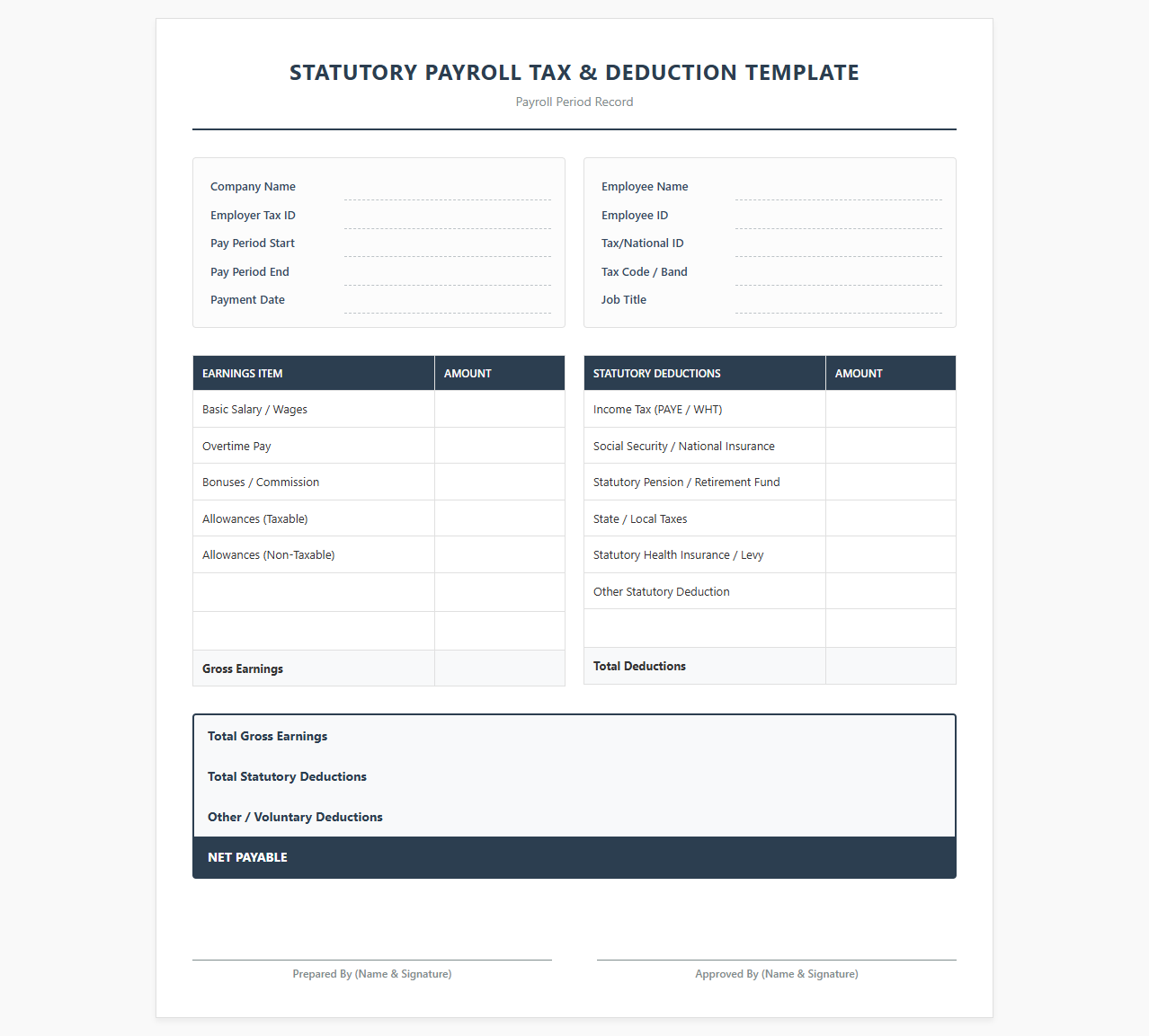 Statutory Payroll Tax and Deduction Template