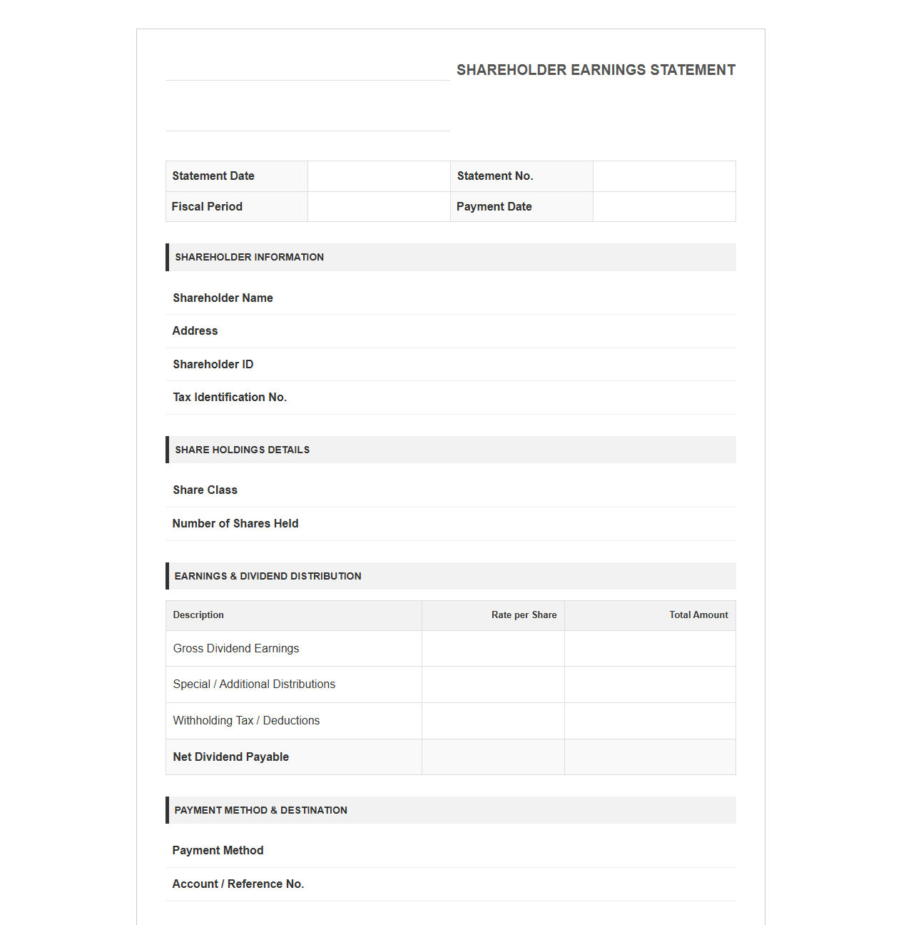 Stockholder Earnings Statement Template