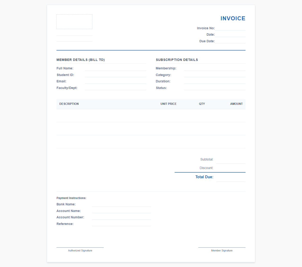 Student Union Membership Subscription Invoice