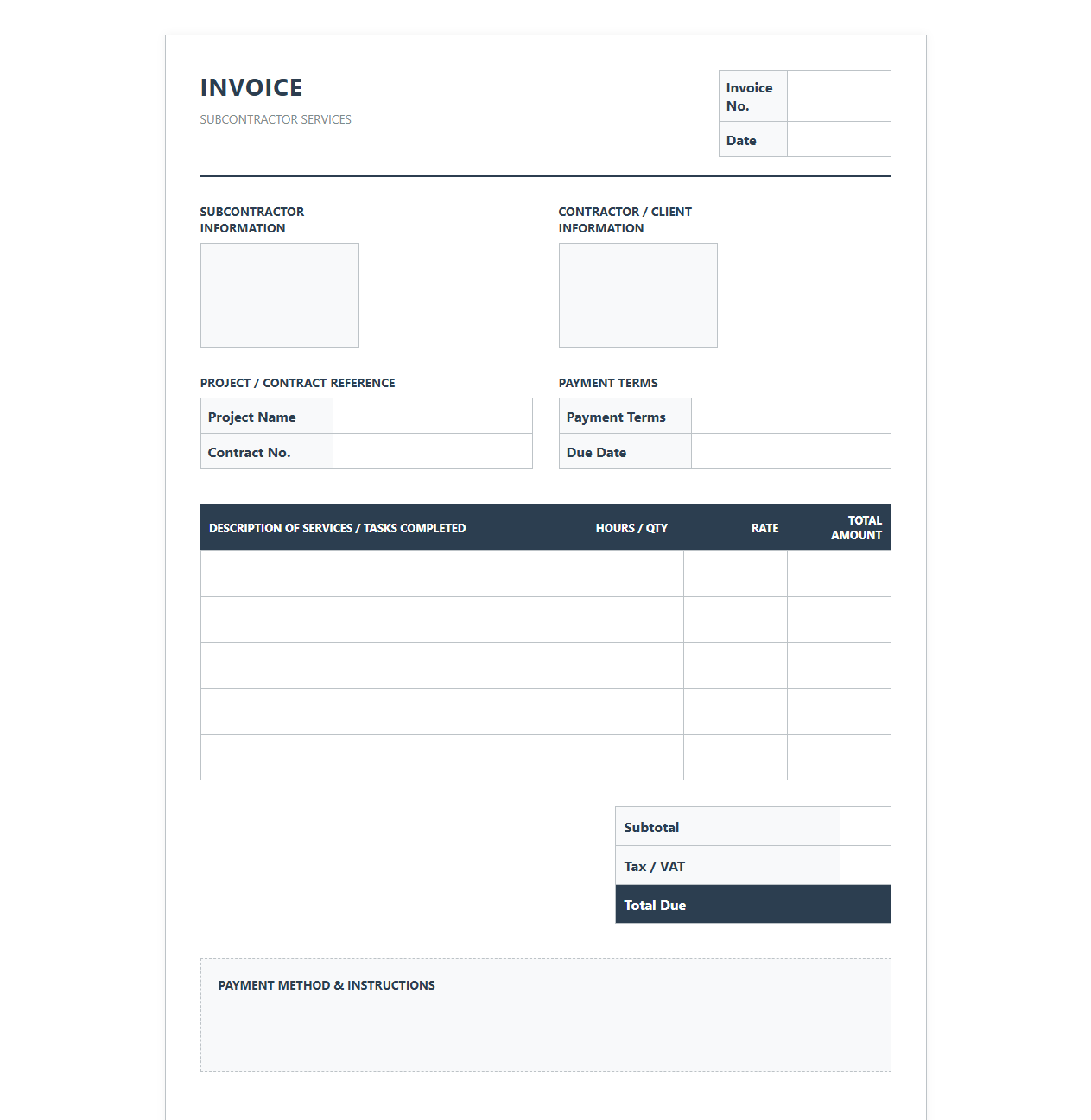 Subcontract Services Invoice Sheet