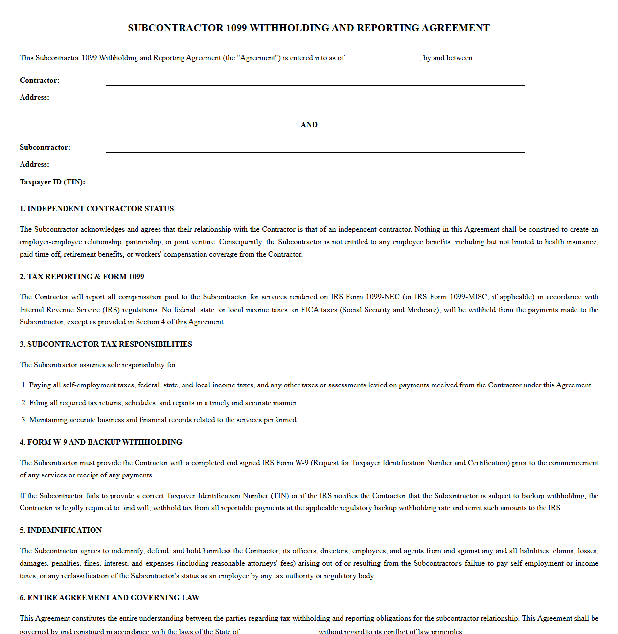 Subcontractor 1099 Withholding and Reporting Agreement