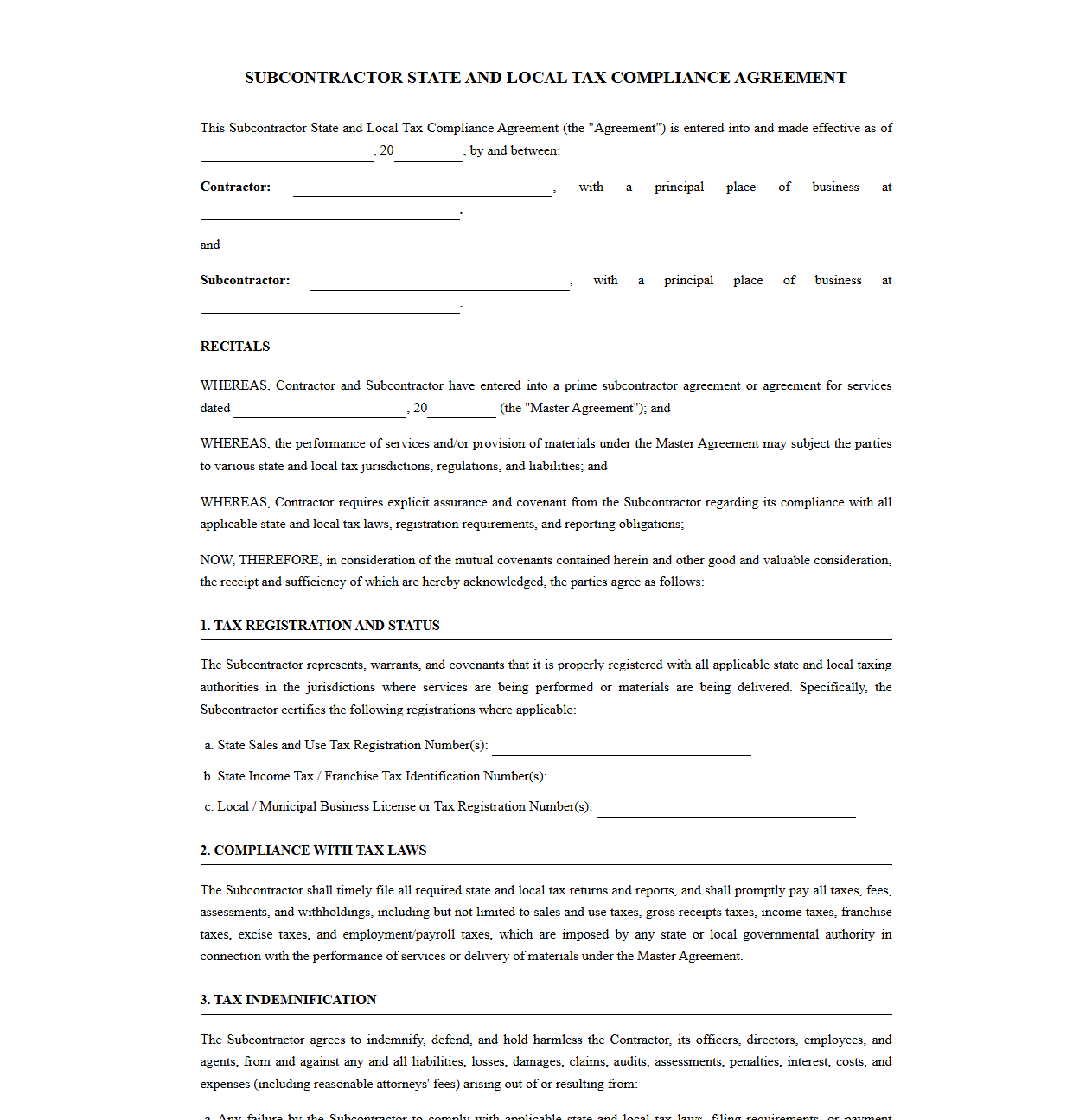 Subcontractor Agreement for Local Tax Regulation Compliance