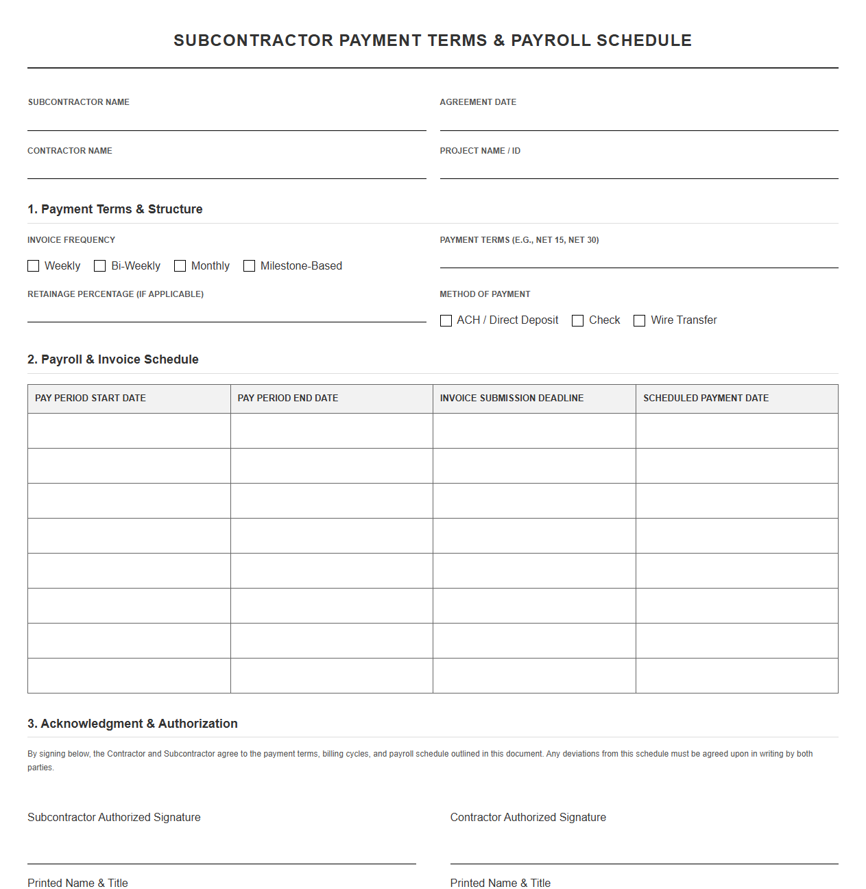 Subcontractor Payment Terms and Payroll Schedule