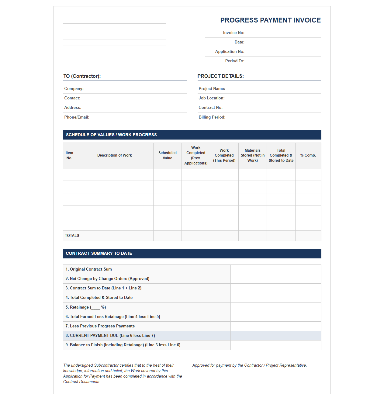 Subcontractor Progress Payment Invoice Template