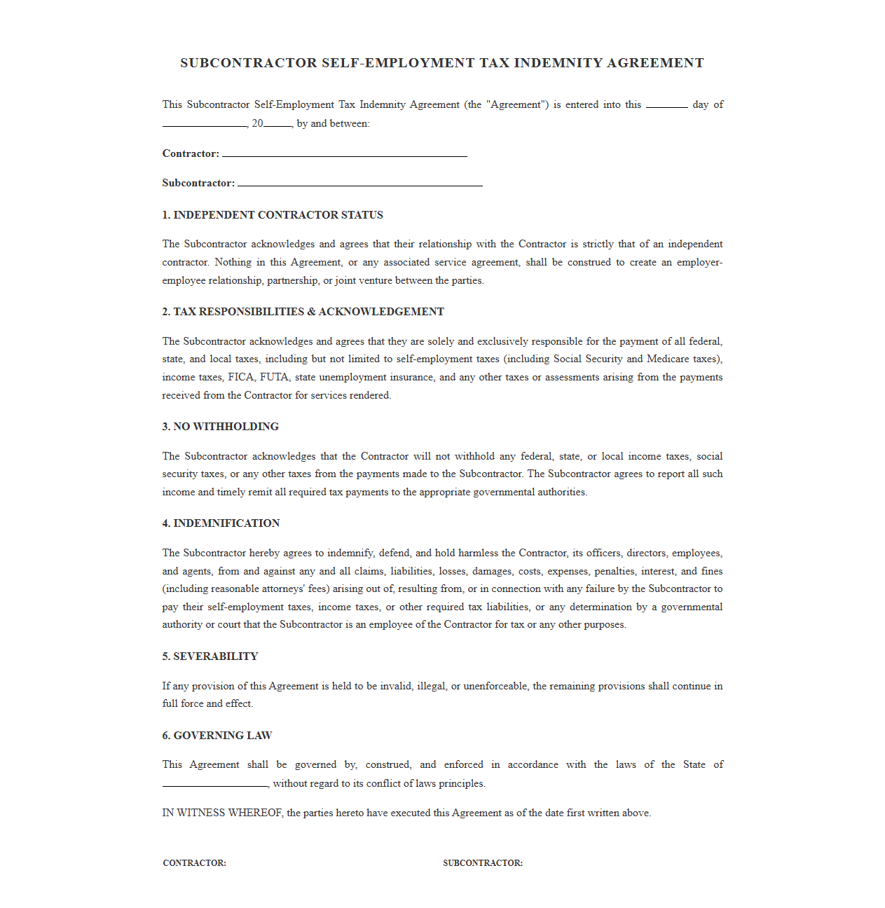 Subcontractor Self Employment Tax Indemnity Agreement
