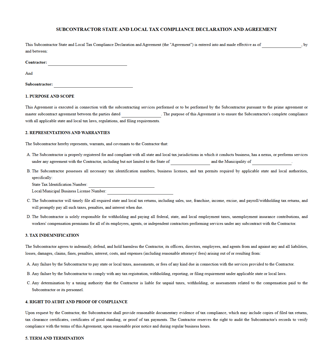 Subcontractor State Tax Compliance Declaration and Agreement