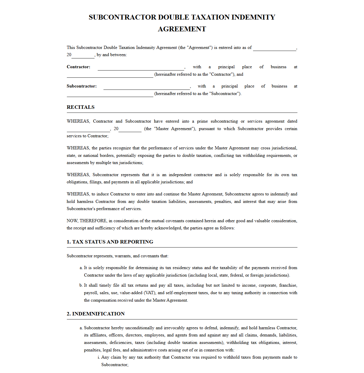 Subcontractor Tax Indemnity Agreement