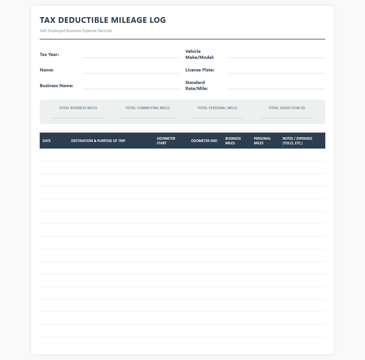 Tax Deductible Mileage Log for Self-Employed