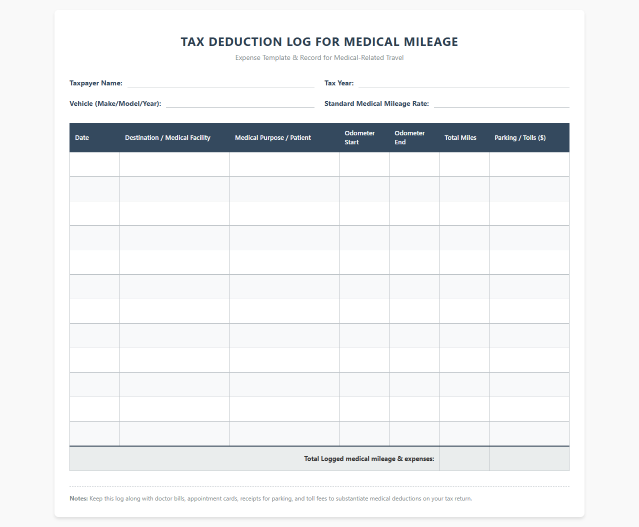 Tax Deduction Log for Medical Mileage