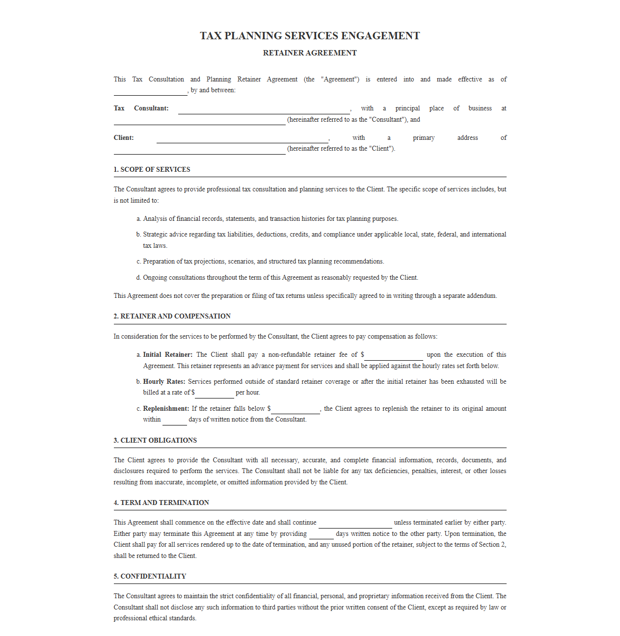 Tax Planning Services Engagement and Retainer Contract