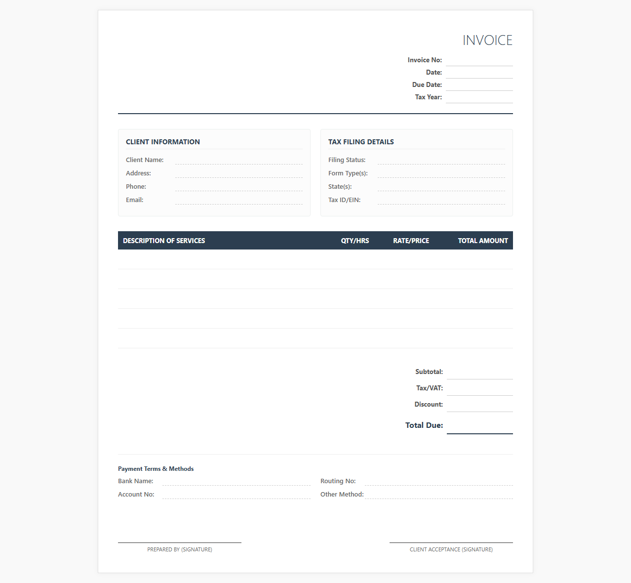 Tax Preparation and Filing Invoice Template