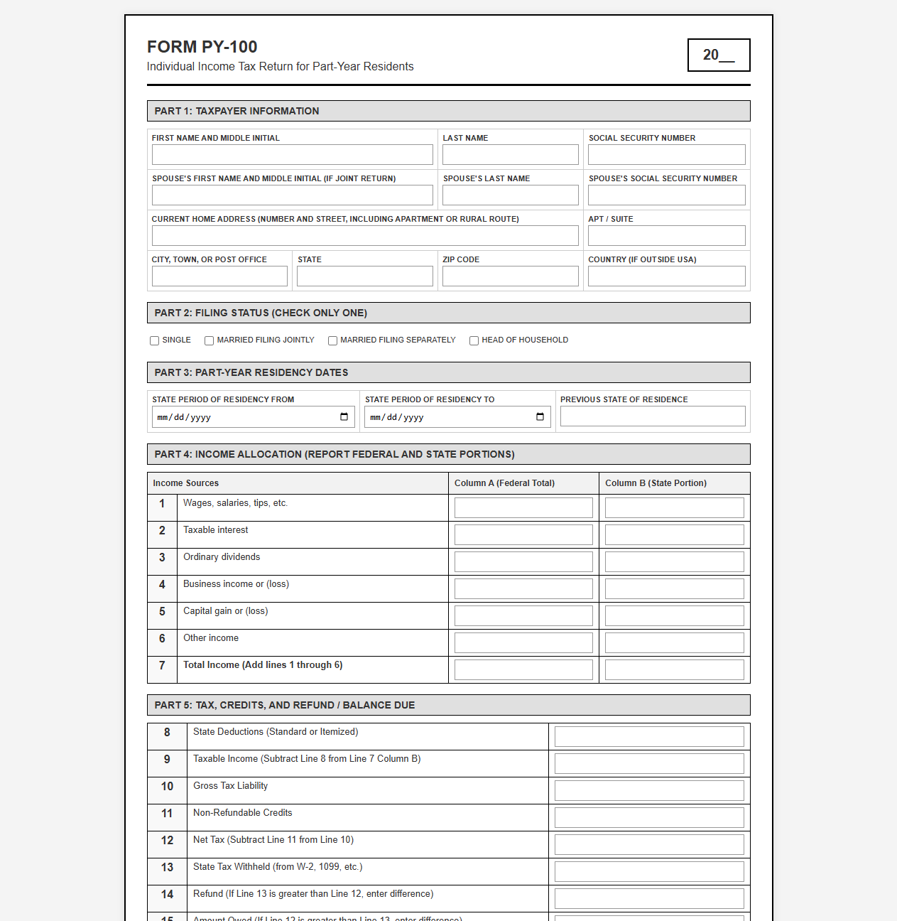 Tax Return Form for Partial Year Residents