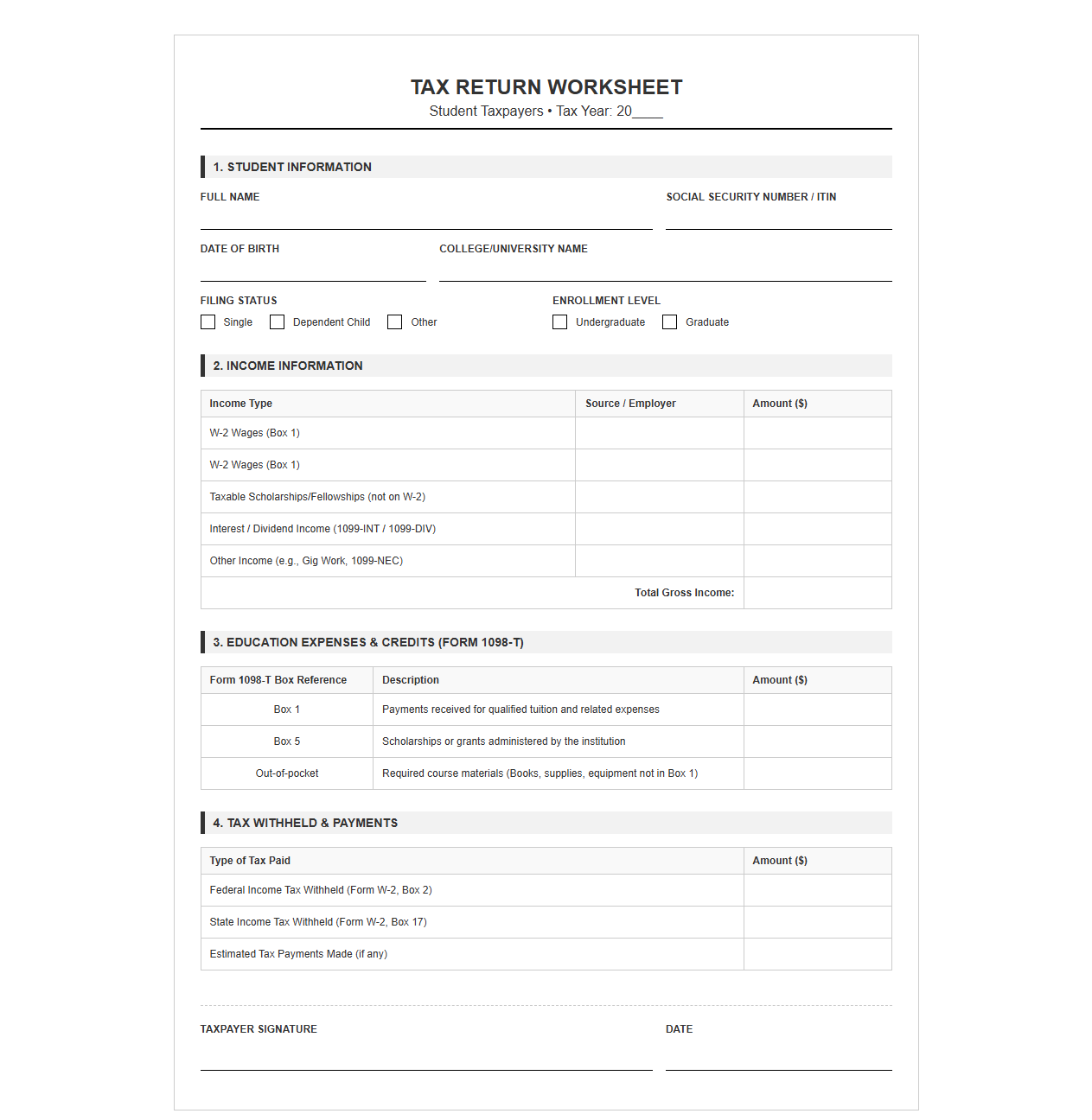 Tax Return Worksheet for Student Taxpayers