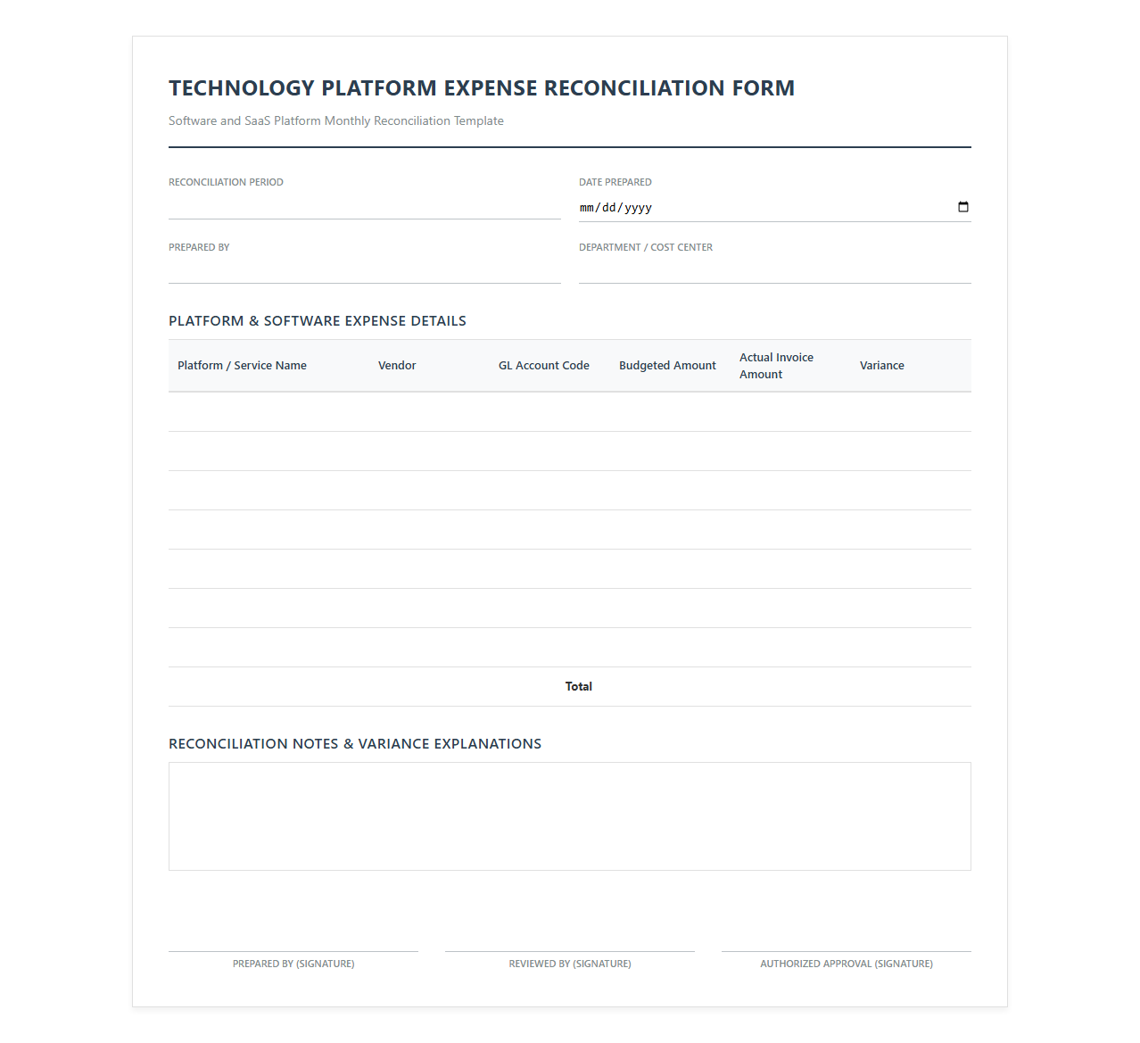 Technology Platform Expense Reconciliation Form
