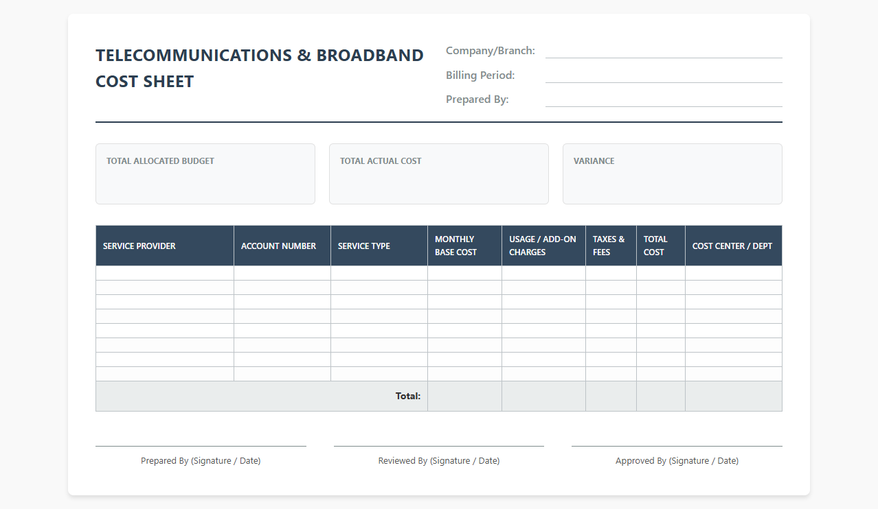 Telecommunications and Broadband Cost Sheet