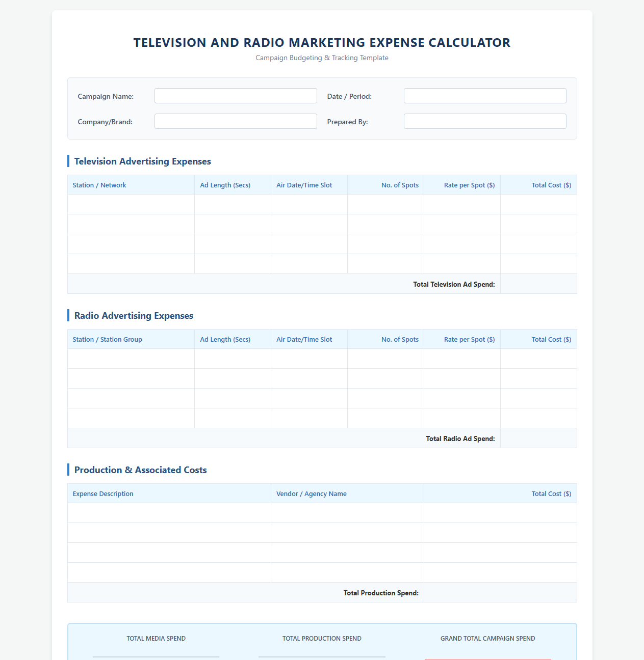 Television and Radio Marketing Expense Calculator