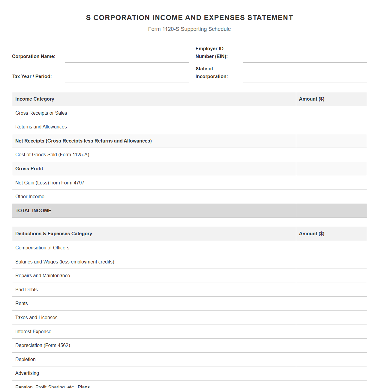 Template for S Corporation Income and Expenses