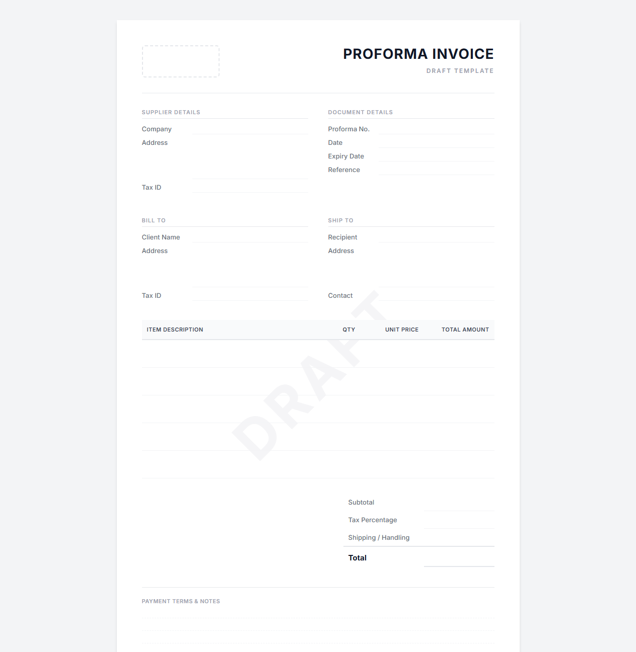 Temporary Proforma Invoice Layout