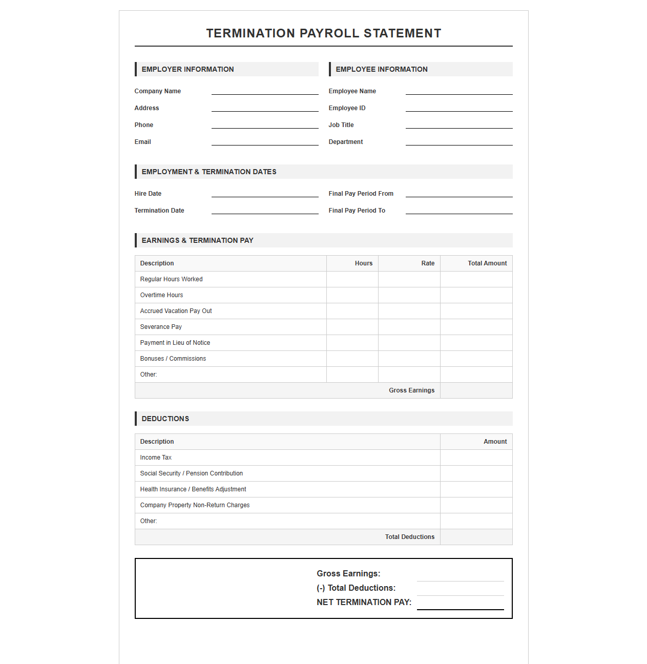 Termination Payroll Statement Template