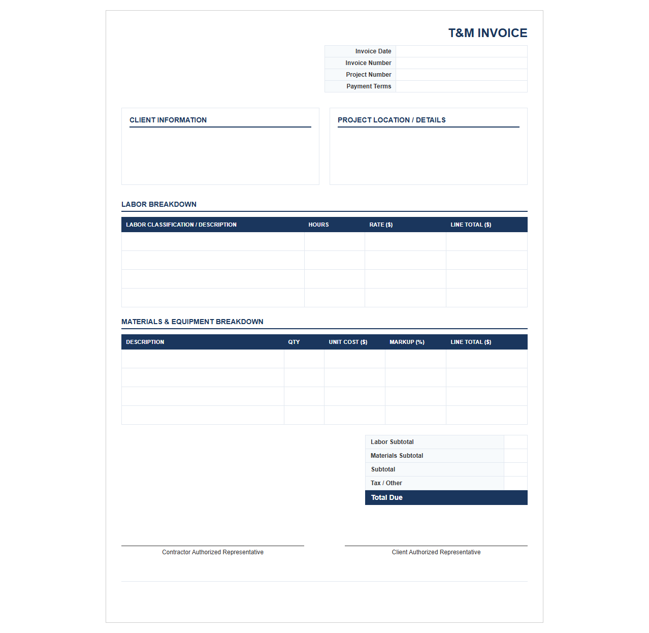 Time and Materials Commercial Construction Invoice
