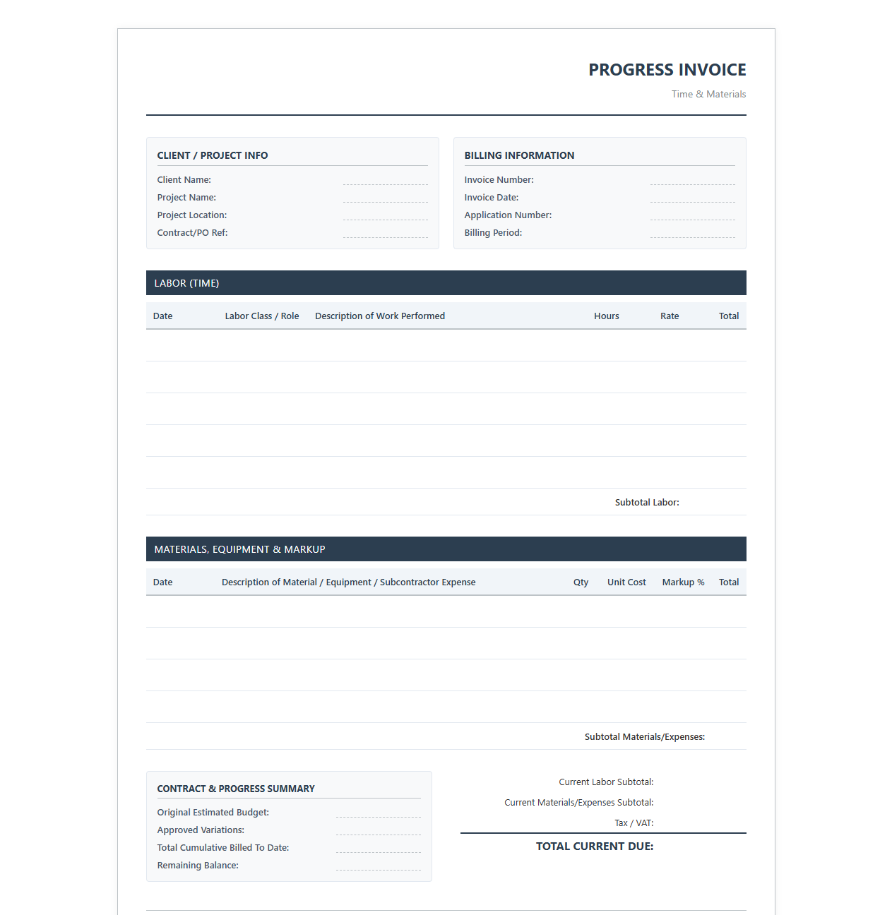 Time and Materials Progress Invoice Template